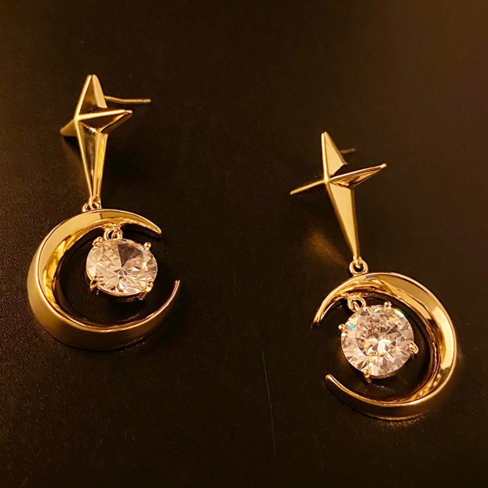 Metal Starlight Moon Zircon Pendant Earrings